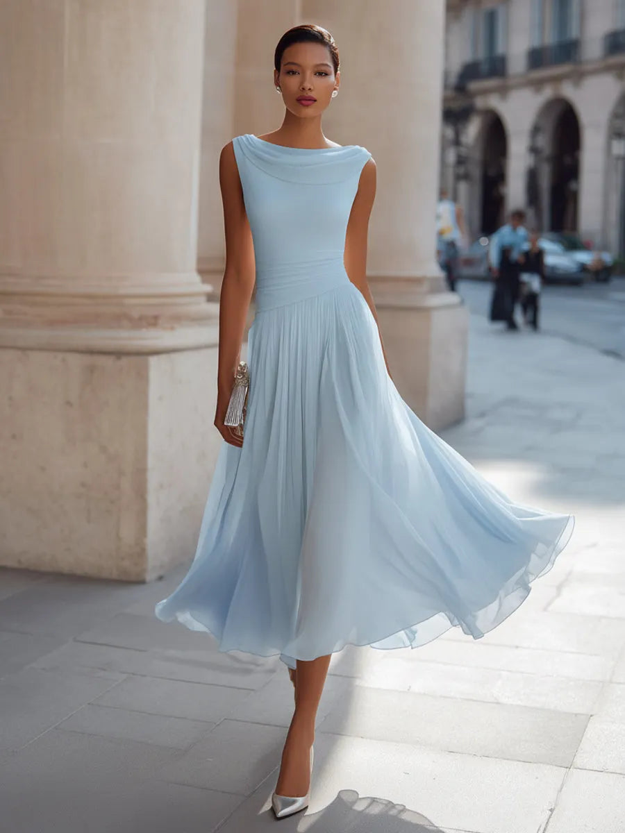 Women's Elegant Sleeveless Midi Wedding Guest Dress with Draped Neckline