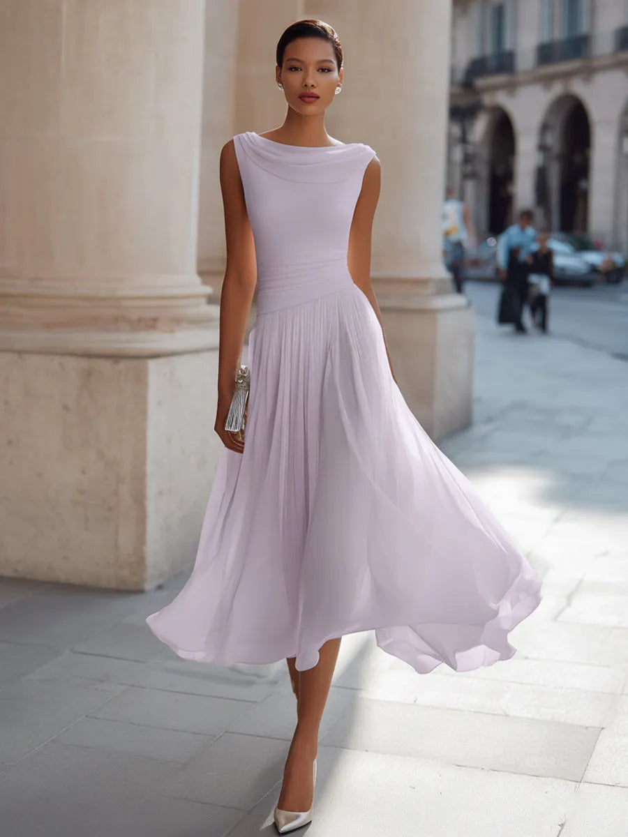 Women's Elegant Sleeveless Midi Wedding Guest Dress with Draped Neckline