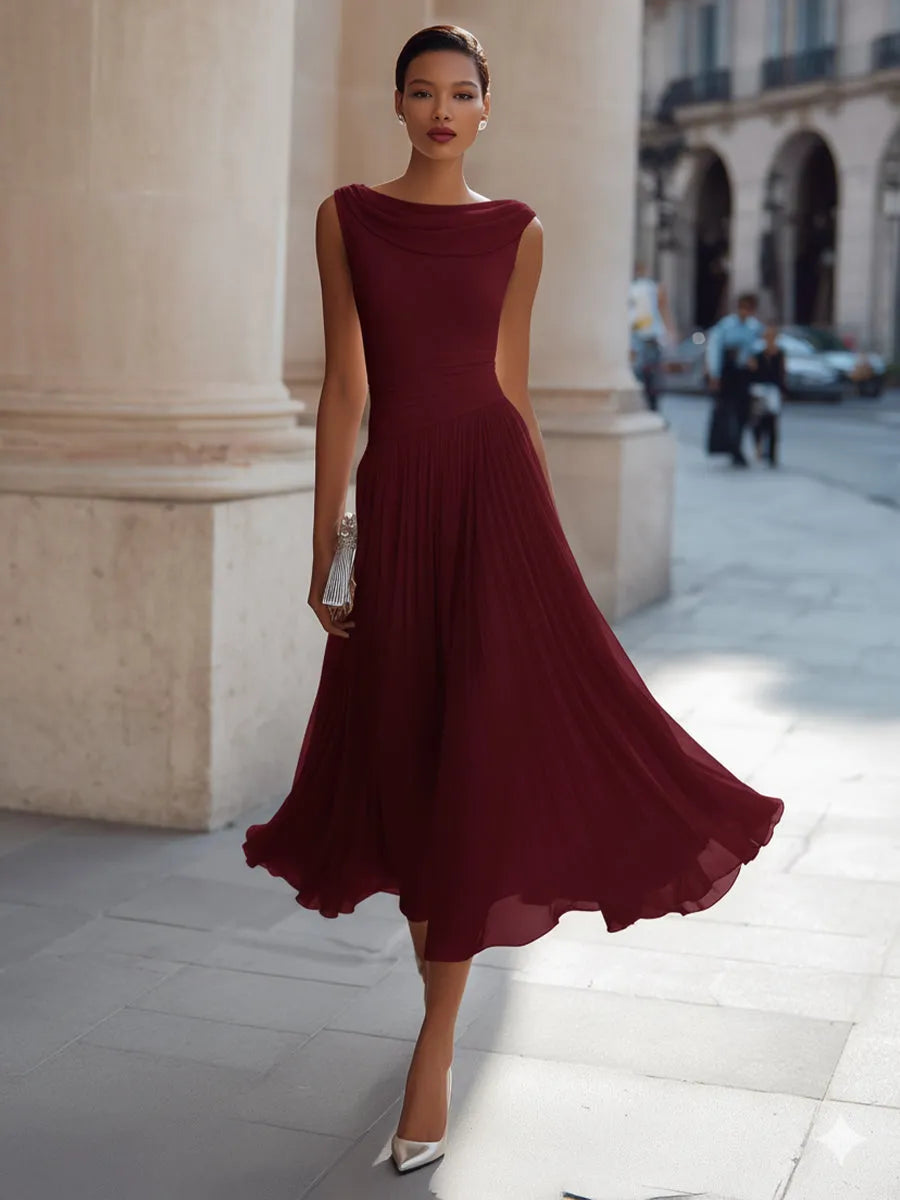 Women's Elegant Sleeveless Midi Wedding Guest Dress with Draped Neckline