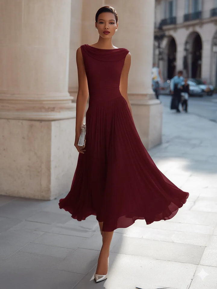 Women's Elegant Sleeveless Midi Wedding Guest Dress with Draped Neckline