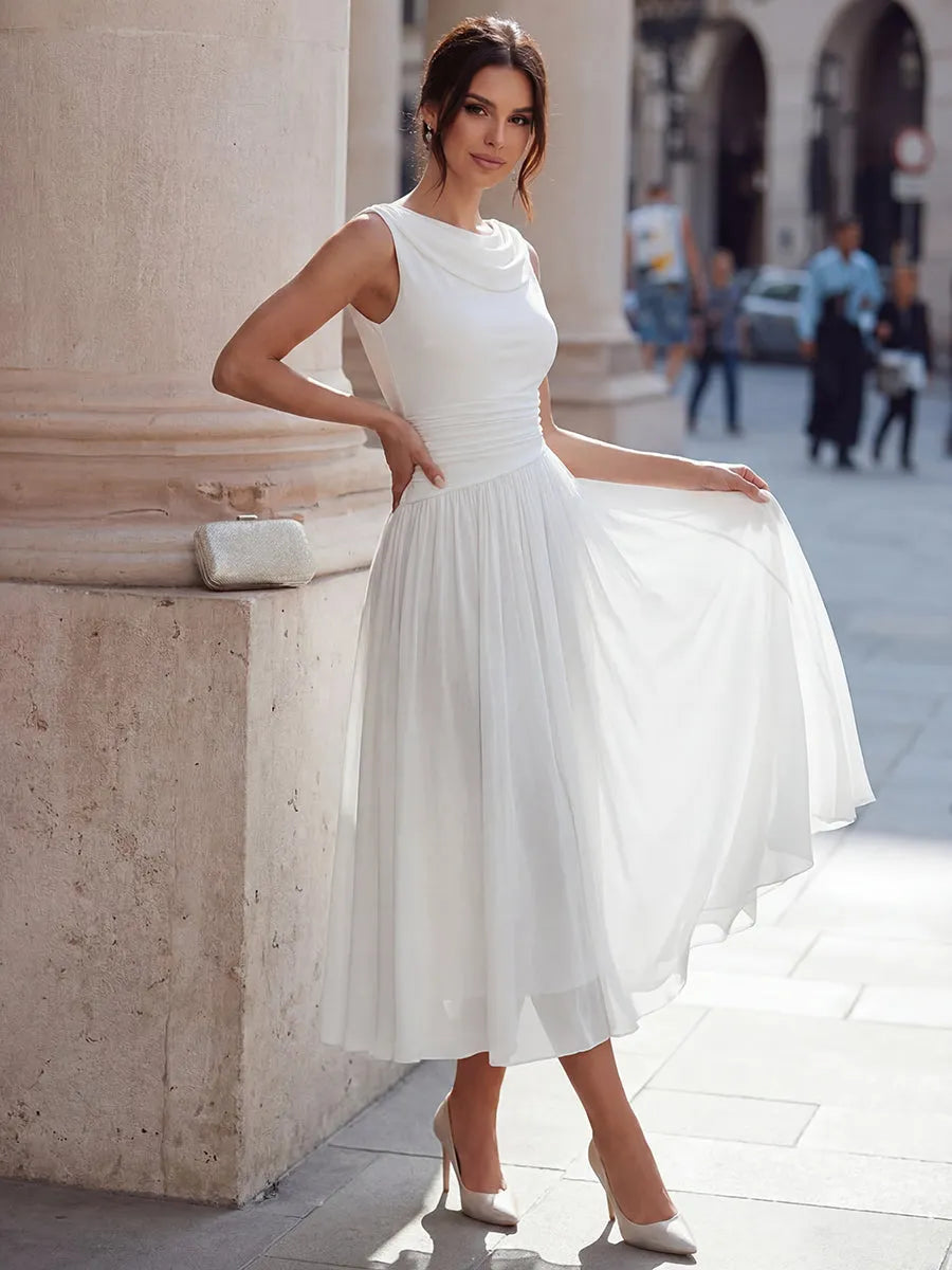 Women's Elegant Sleeveless Midi Wedding Guest Dress with Draped Neckline