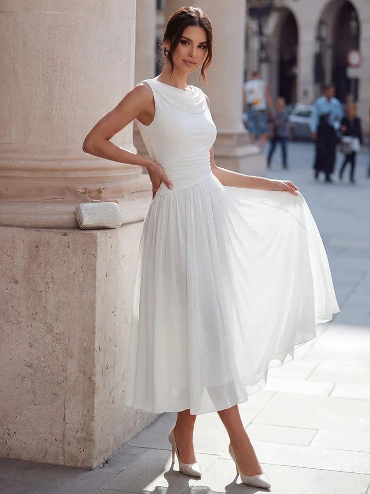 Women's Elegant Sleeveless Midi Wedding Guest Dress with Draped Neckline