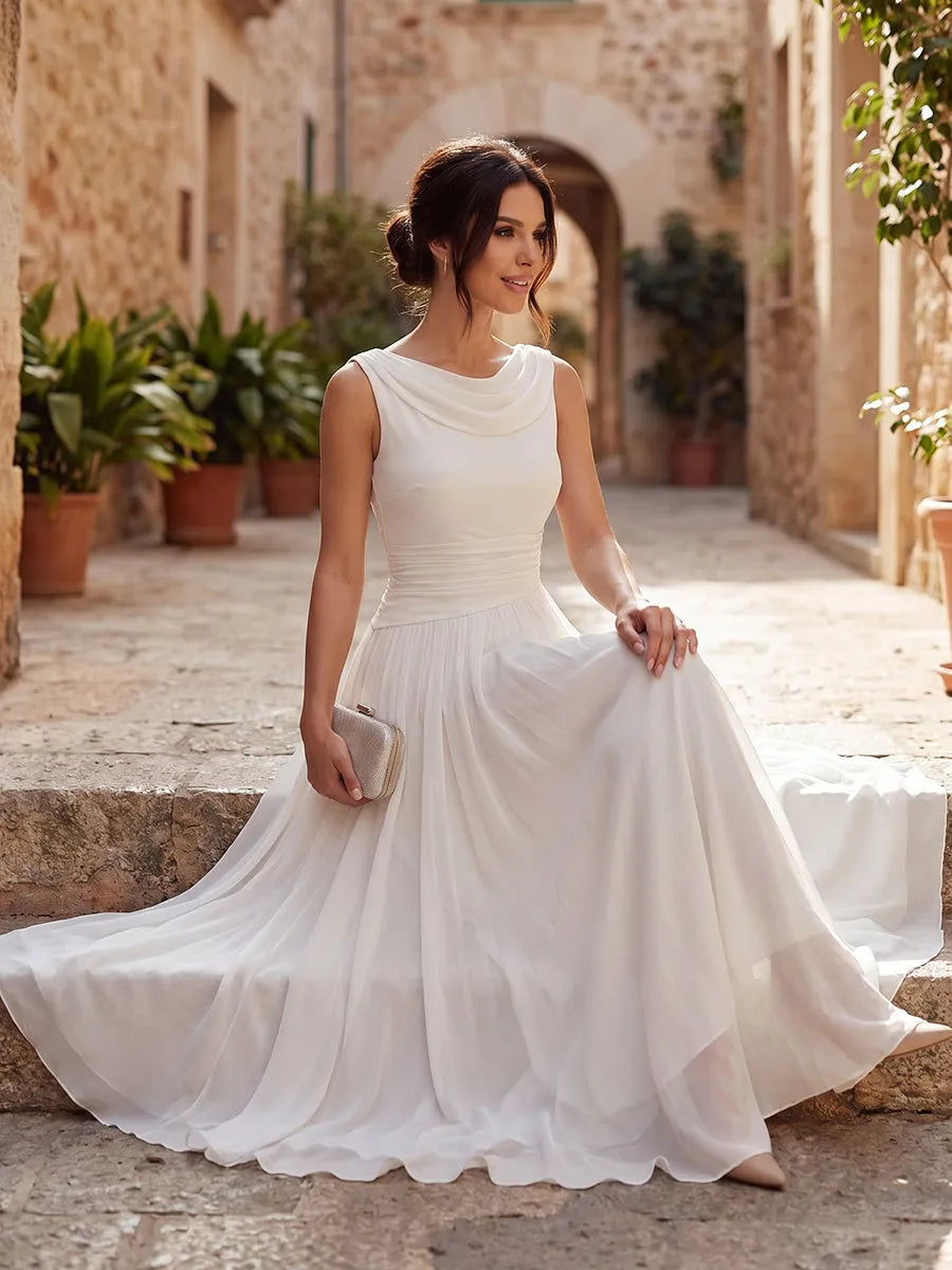 Women's Elegant Sleeveless Midi Wedding Guest Dress with Draped Neckline