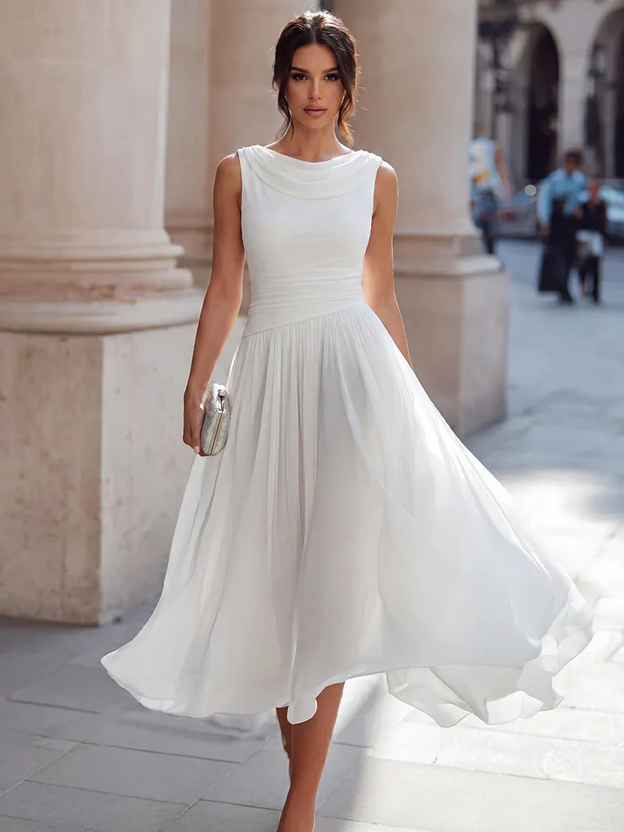 Women's Elegant Sleeveless Midi Wedding Guest Dress with Draped Neckline