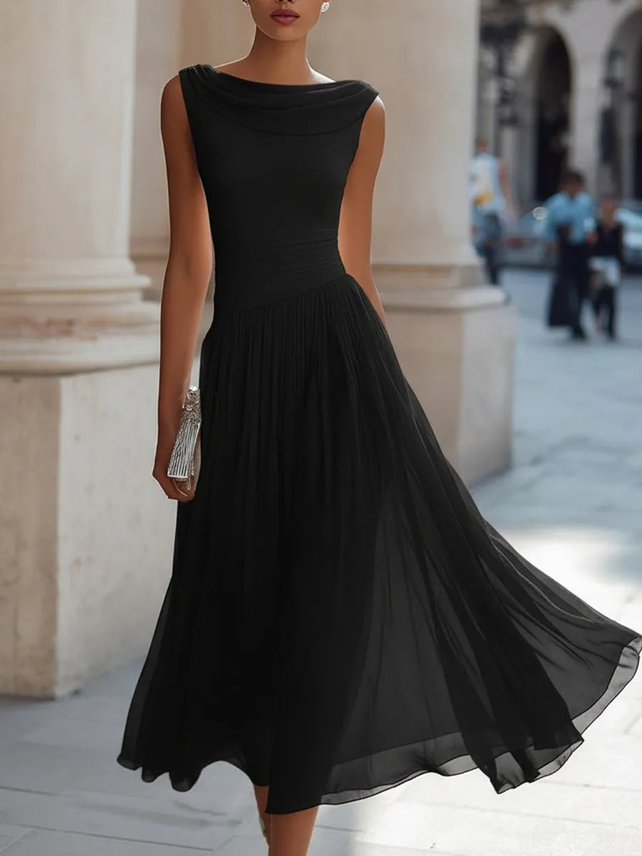 Women's Elegant Sleeveless Midi Wedding Guest Dress with Draped Neckline