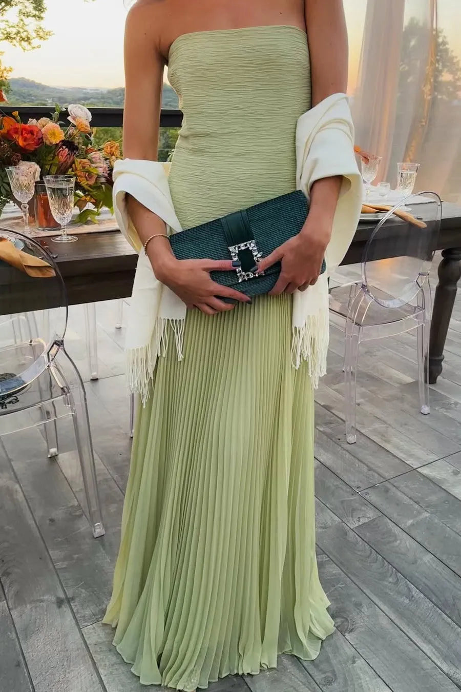 Women's Elegant Strapless Maxi Wedding Guest Dress with Pleated Details