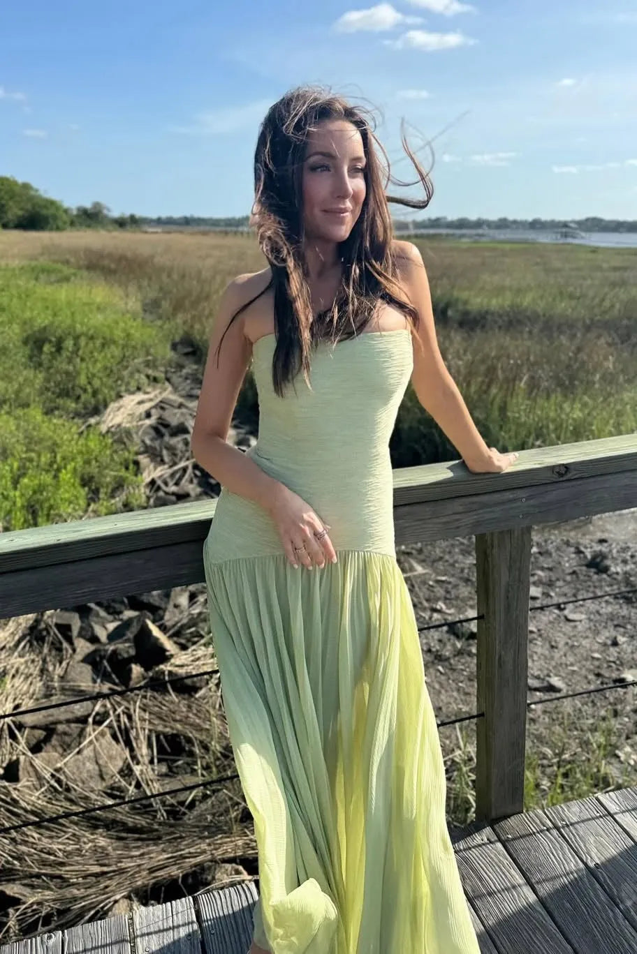Women's Elegant Strapless Maxi Wedding Guest Dress with Pleated Details