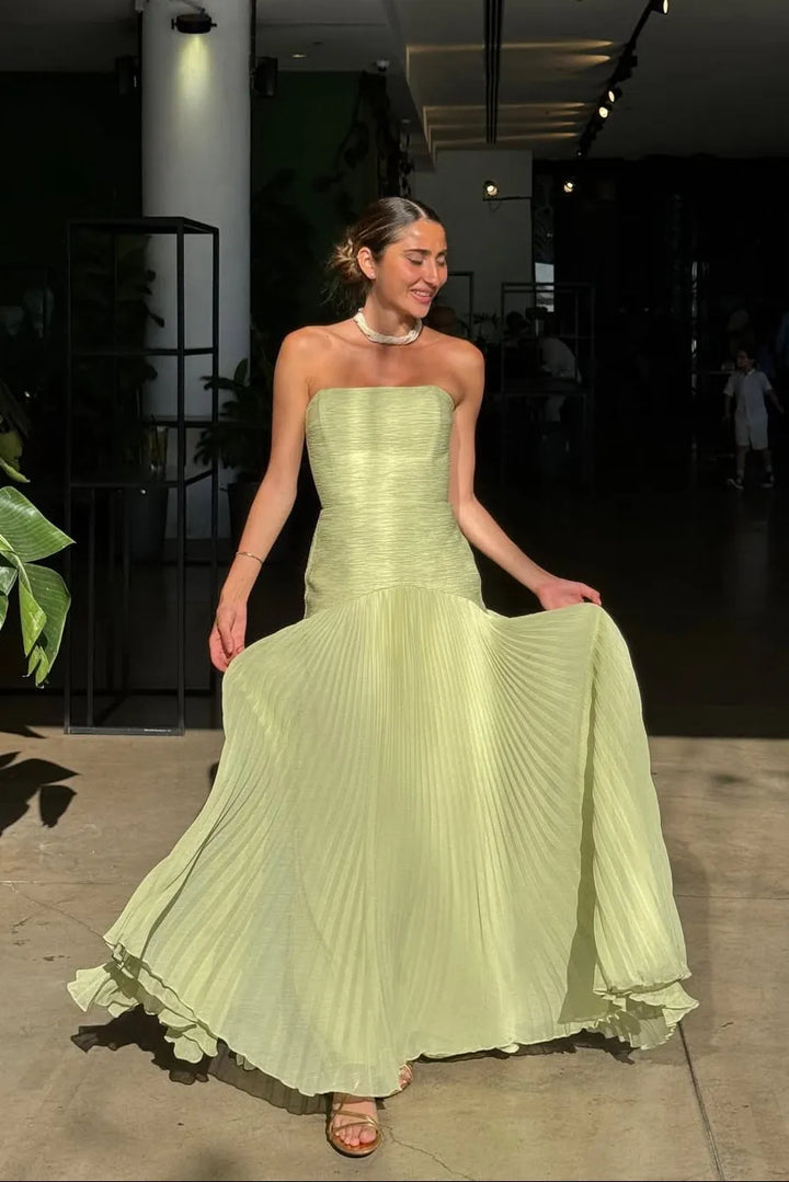 Women's Elegant Strapless Maxi Wedding Guest Dress with Pleated Details