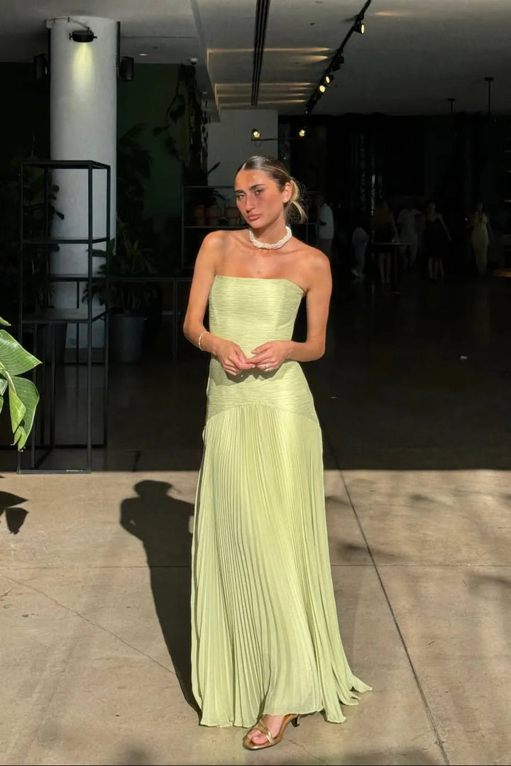 Women's Elegant Strapless Maxi Wedding Guest Dress with Pleated Details