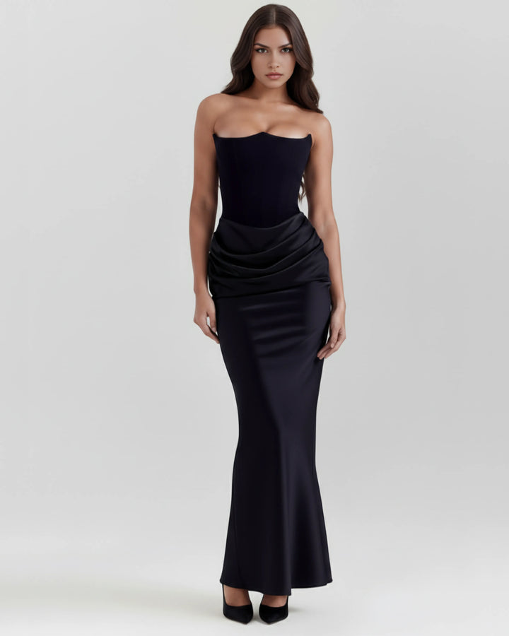 Women's Elegant Strapless Maxi Wedding Guest Dress with Ruched Detail