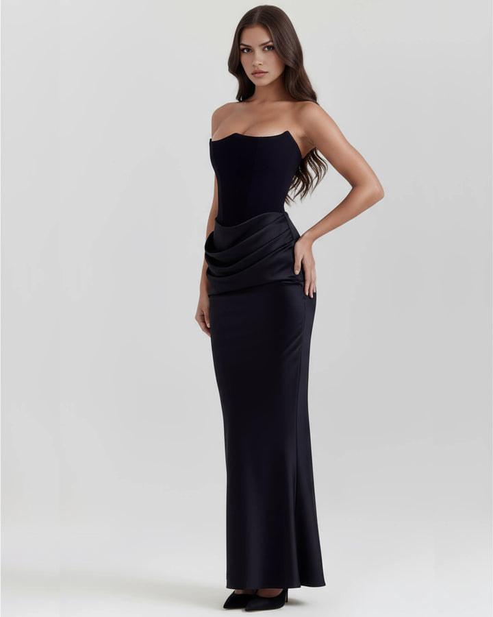 Women's Elegant Strapless Maxi Wedding Guest Dress with Ruched Detail