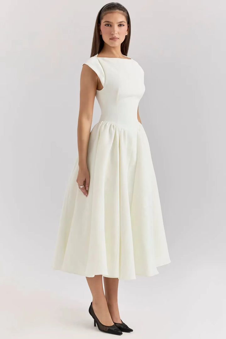 Women's Elegant Vintage Midi Wedding Guest Dress with Boat Neckline