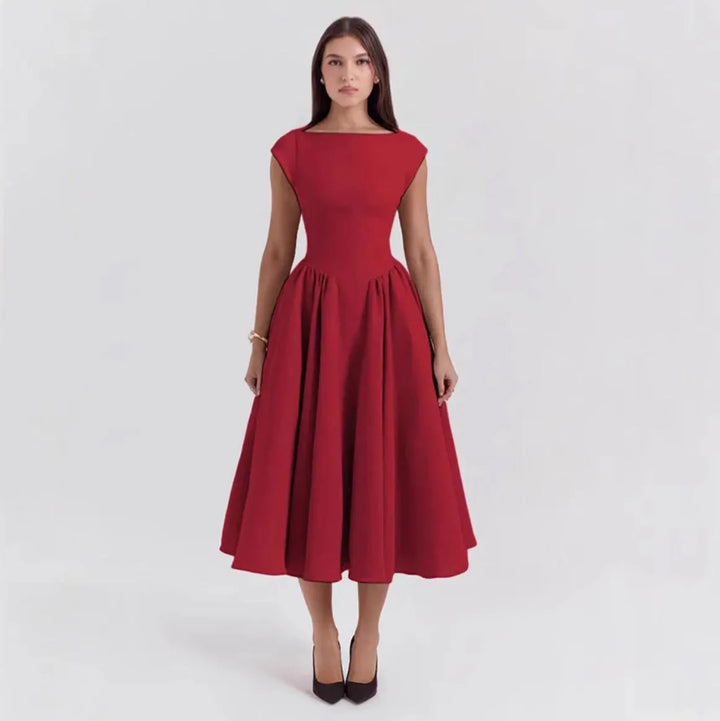 Women's Elegant Vintage Midi Wedding Guest Dress with Boat Neckline