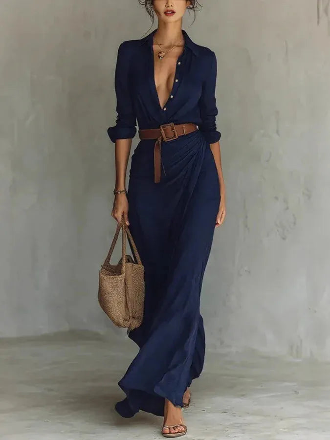Women's Long Sleeve Wrap Maxi Wedding Guest Dress with V-Neck