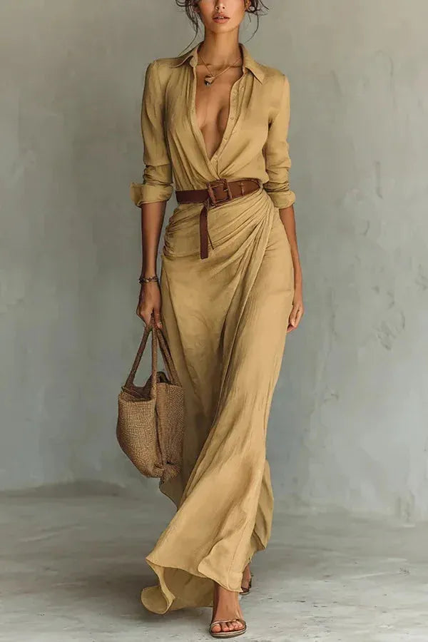 Women's Long Sleeve Wrap Maxi Wedding Guest Dress with V-Neck