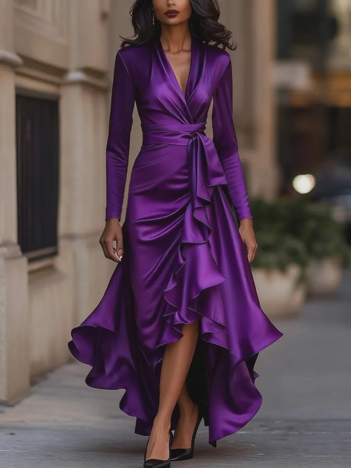 Women's Elegant Wrap Maxi Wedding Guest Dress with Ruffle