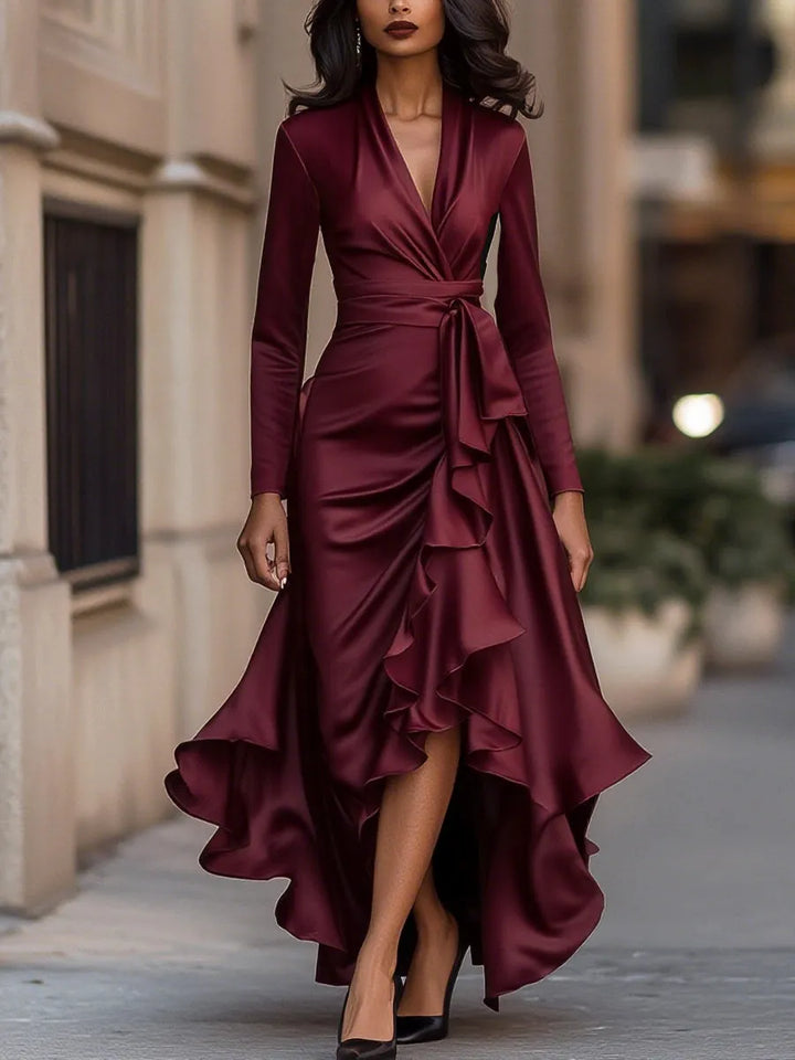 Women's Elegant Wrap Maxi Wedding Guest Dress with Ruffle