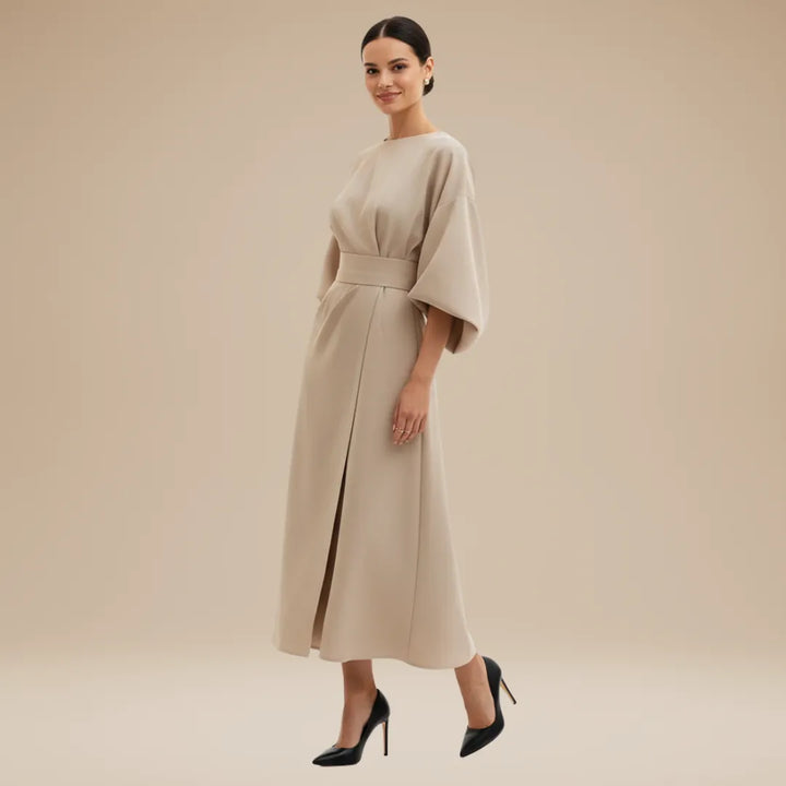 Women's Elegant Wrap Midi Wedding Guest Dress with Round Neckline