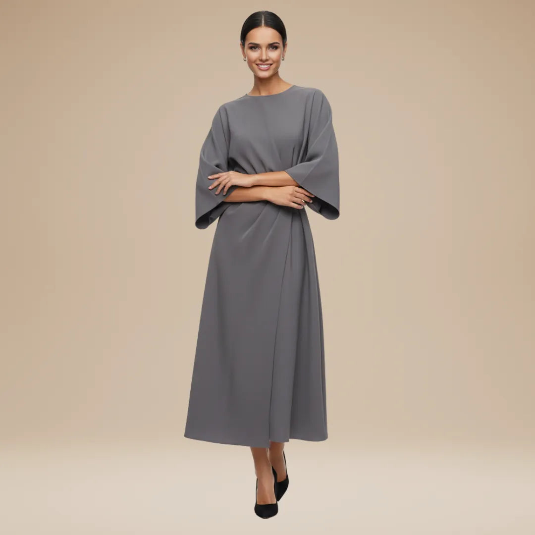 Women's Elegant Wrap Midi Wedding Guest Dress with Round Neckline