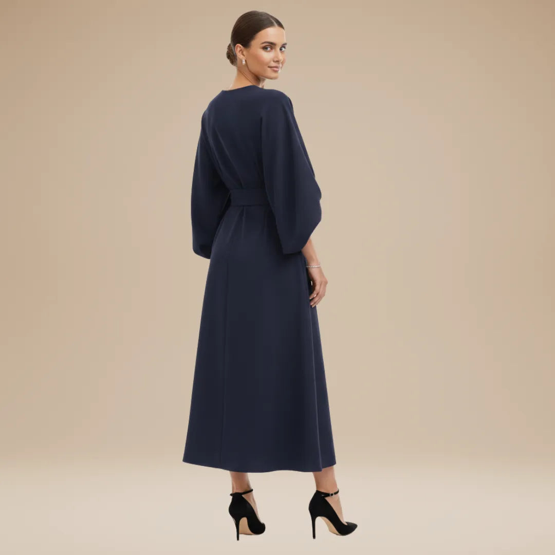 Women's Elegant Wrap Midi Wedding Guest Dress with Round Neckline