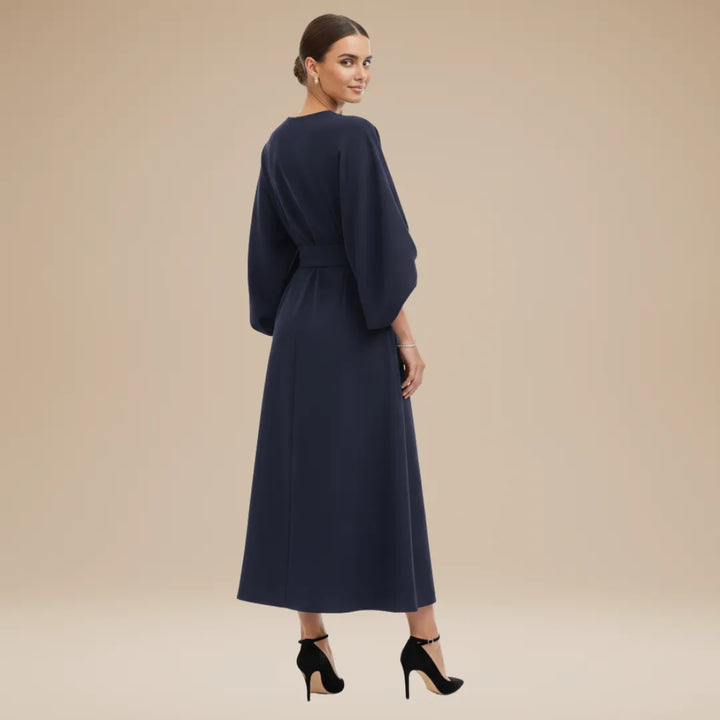 Women's Elegant Wrap Midi Wedding Guest Dress with Round Neckline