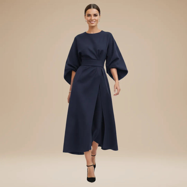 Women's Elegant Wrap Midi Wedding Guest Dress with Round Neckline