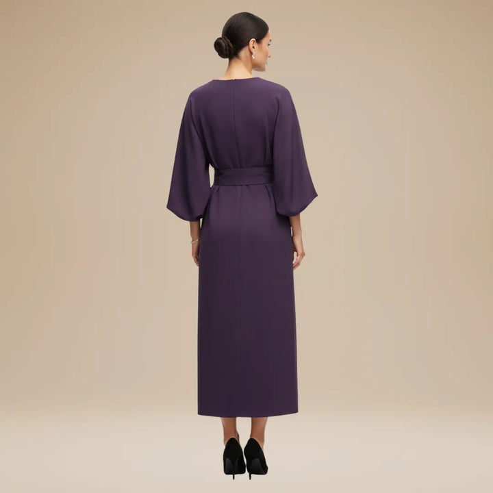 Women's Elegant Wrap Midi Wedding Guest Dress with Round Neckline