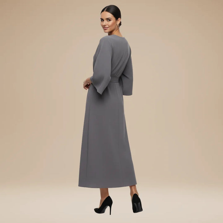 Women's Elegant Wrap Midi Wedding Guest Dress with Round Neckline