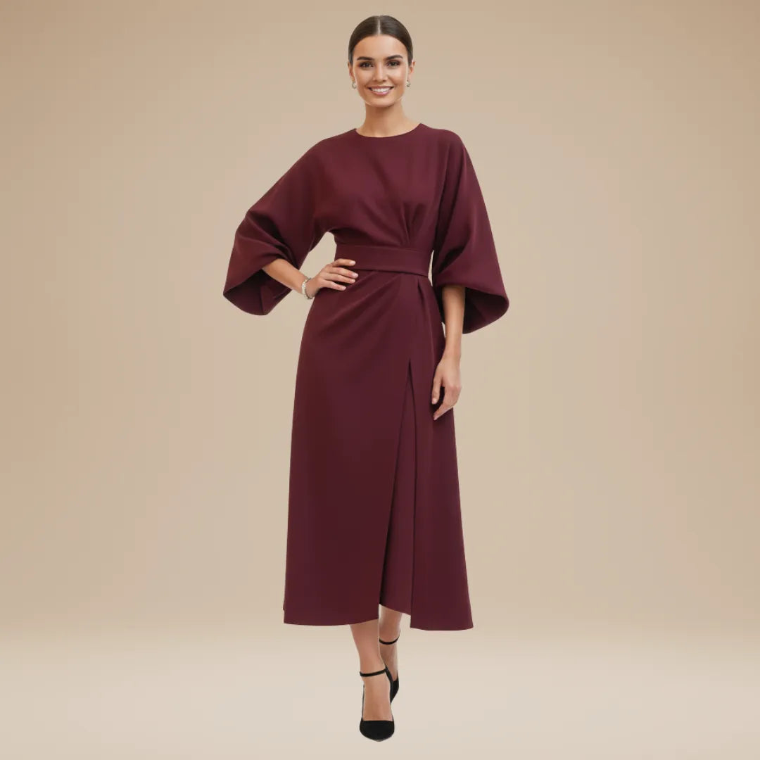 Women's Elegant Wrap Midi Wedding Guest Dress with Round Neckline