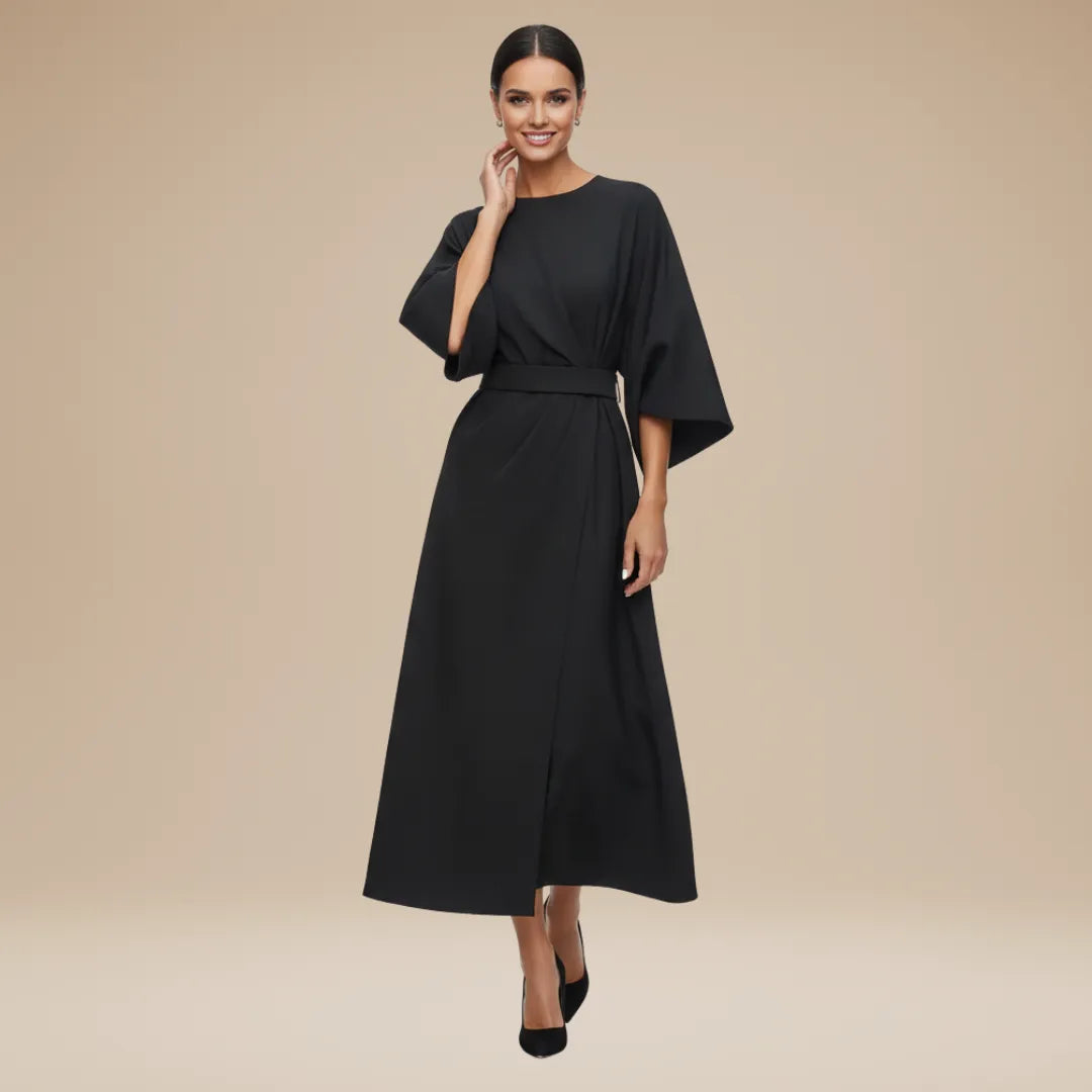 Women's Elegant Wrap Midi Wedding Guest Dress with Round Neckline
