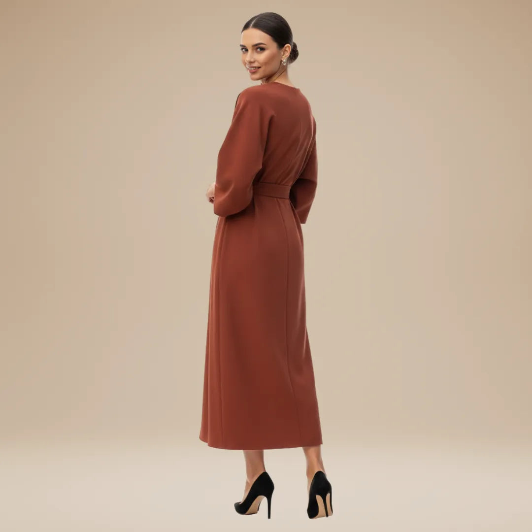 Women's Elegant Wrap Midi Wedding Guest Dress with Round Neckline