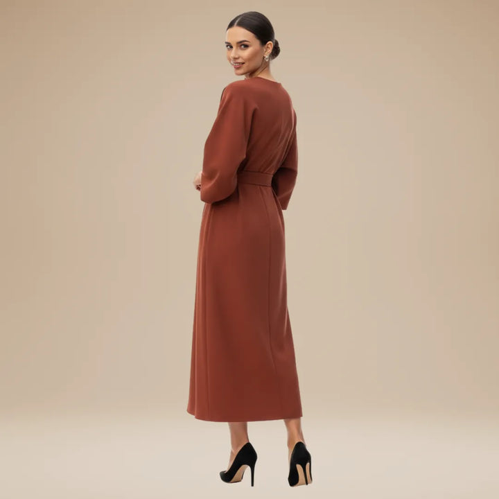 Women's Elegant Wrap Midi Wedding Guest Dress with Round Neckline