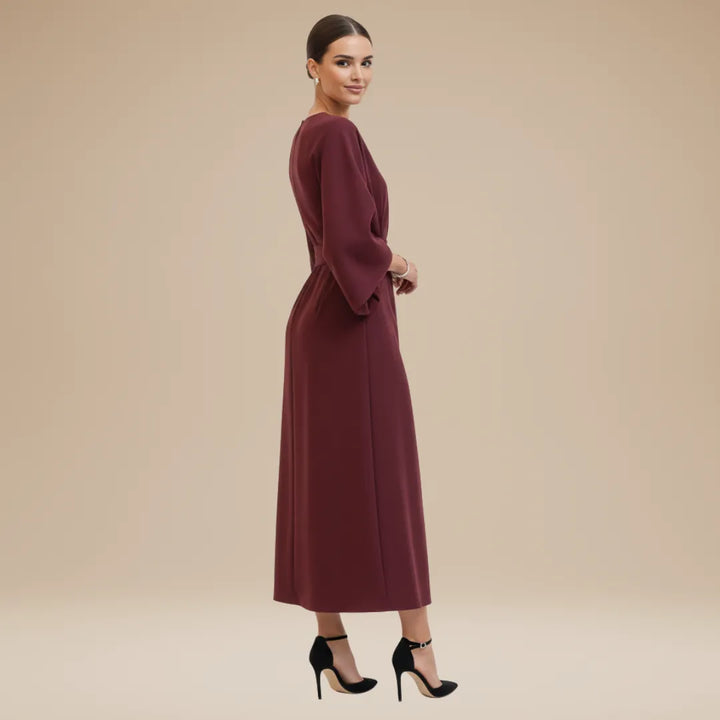 Women's Elegant Wrap Midi Wedding Guest Dress with Round Neckline