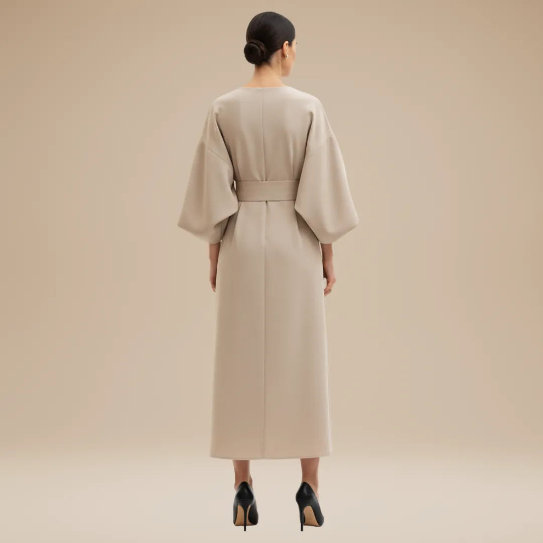 Women's Elegant Wrap Midi Wedding Guest Dress with Round Neckline