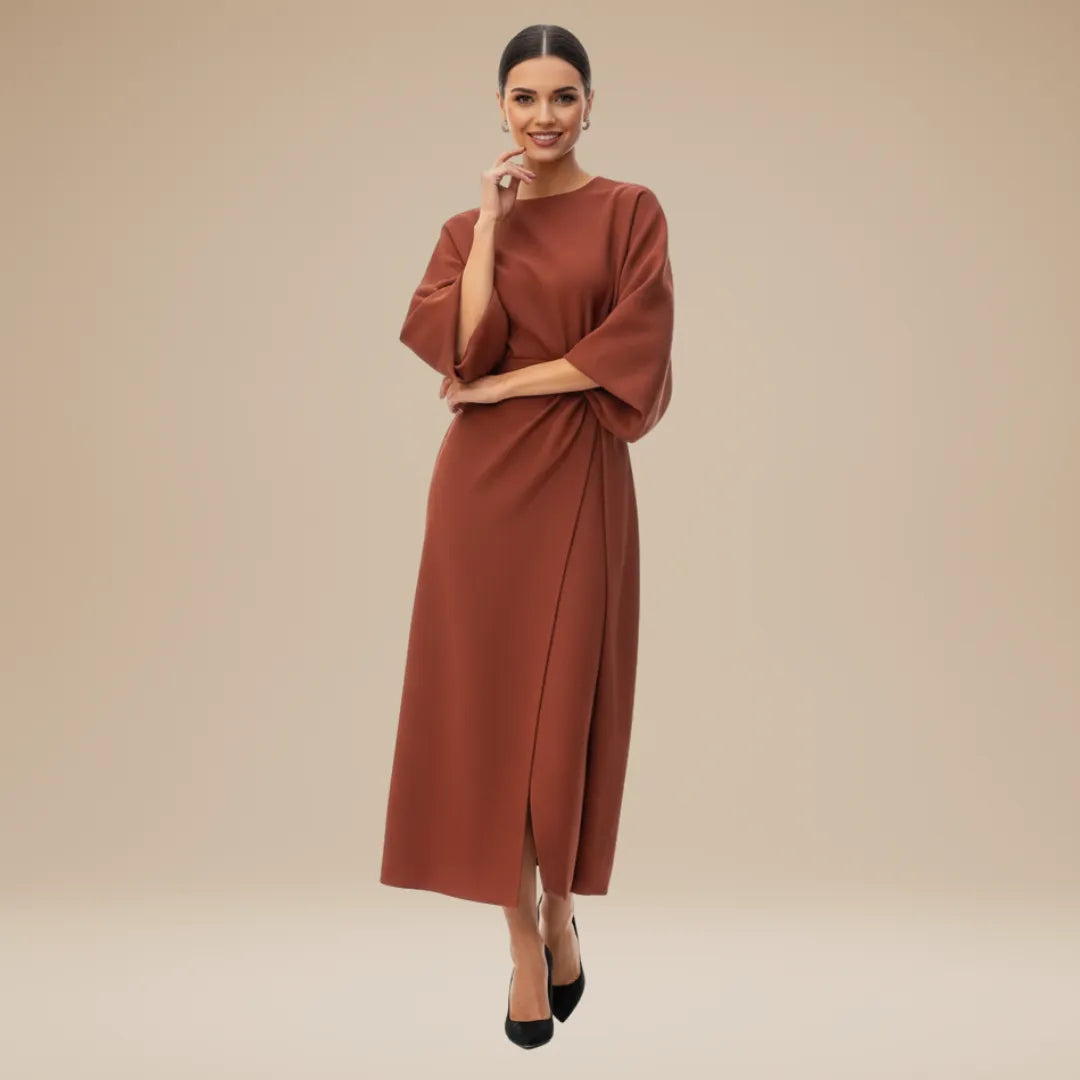 Women's Elegant Wrap Midi Wedding Guest Dress with Round Neckline