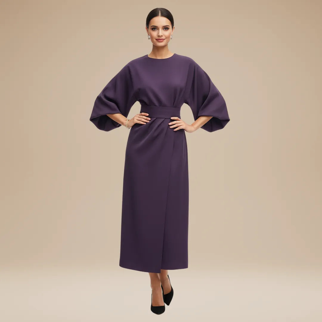 Women's Elegant Wrap Midi Wedding Guest Dress with Round Neckline