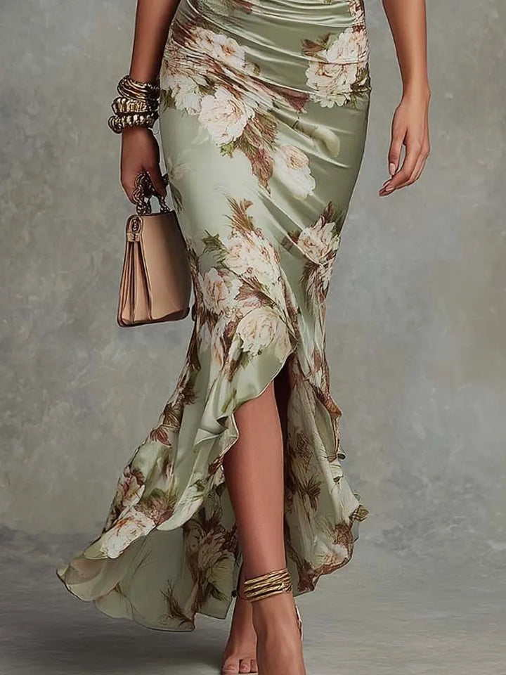 Women's Floral Boho Maxi Wedding Guest Dress with Puff Sleeve