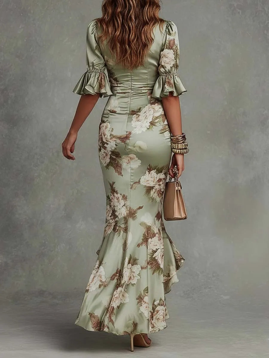 Women's Floral Boho Maxi Wedding Guest Dress with Puff Sleeve