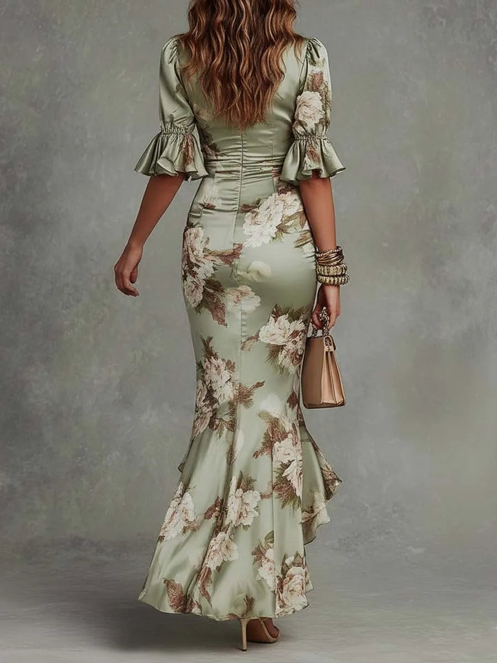 Women's Floral Boho Maxi Wedding Guest Dress with Puff Sleeve