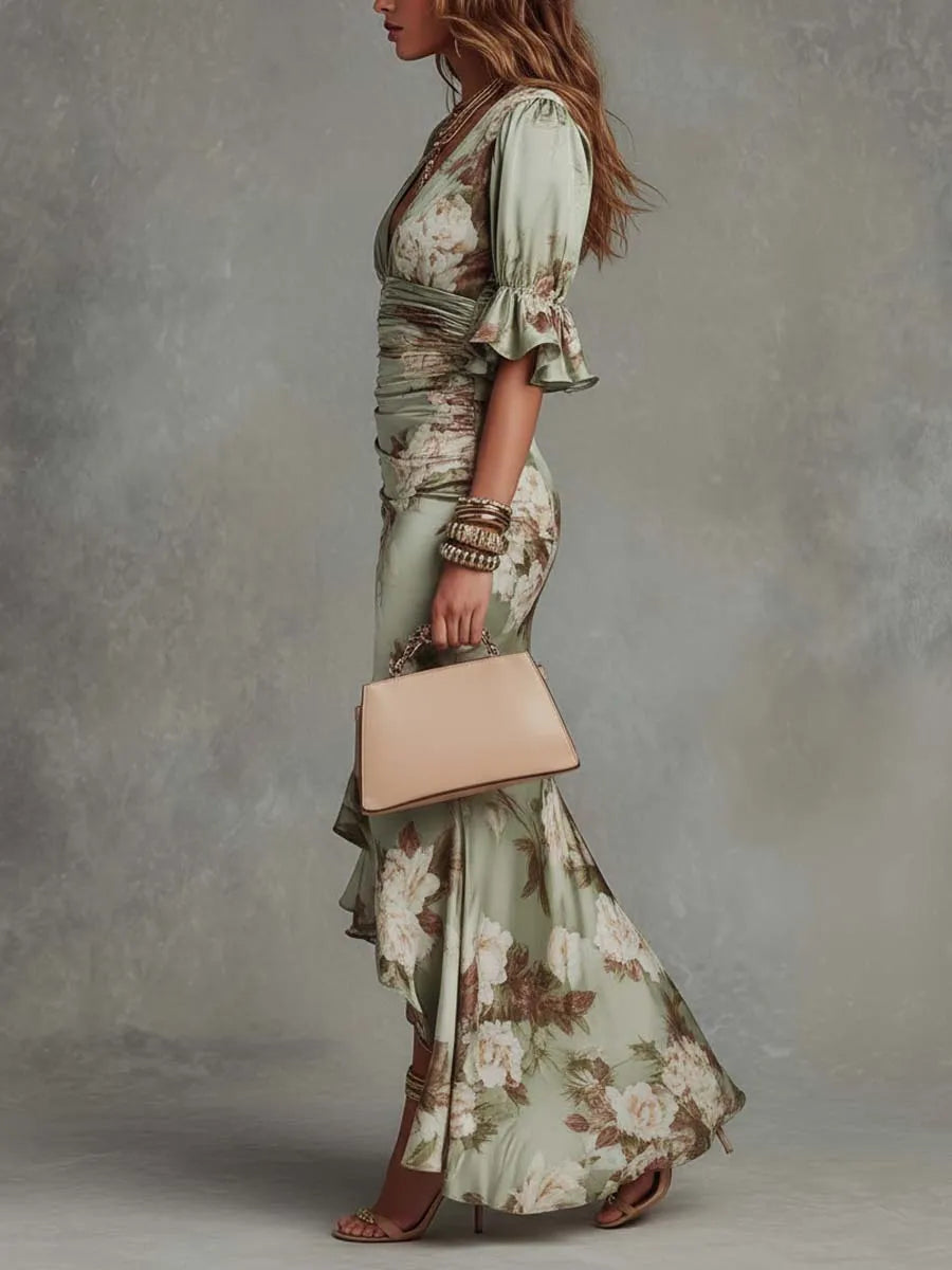 Women's Floral Boho Maxi Wedding Guest Dress with Puff Sleeve