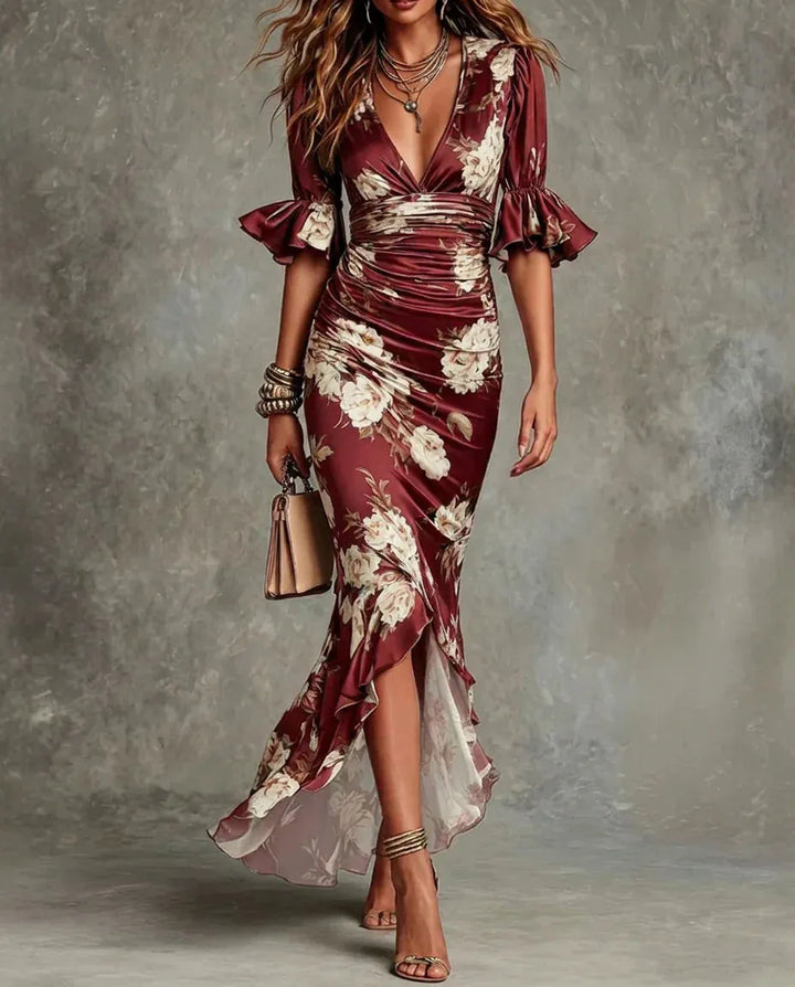 Women's Floral Boho Maxi Wedding Guest Dress with Puff Sleeve