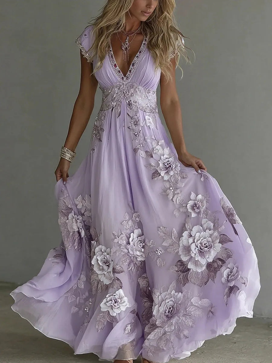 Women's Floral Boho Maxi Wedding Guest Dress with V-Neck