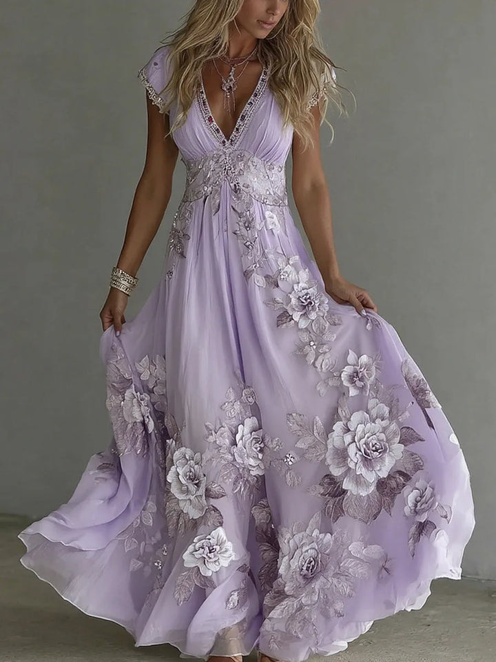 Women's Floral Boho Maxi Wedding Guest Dress with V-Neck