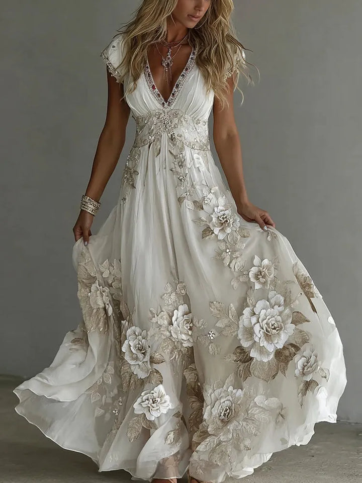 Women's Floral Boho Maxi Wedding Guest Dress with V-Neck