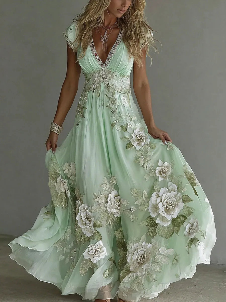 Women's Floral Boho Maxi Wedding Guest Dress with V-Neck