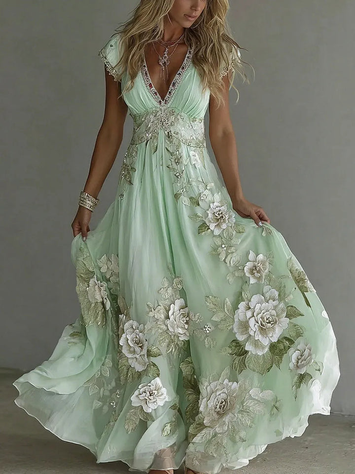 Women's Floral Boho Maxi Wedding Guest Dress with V-Neck