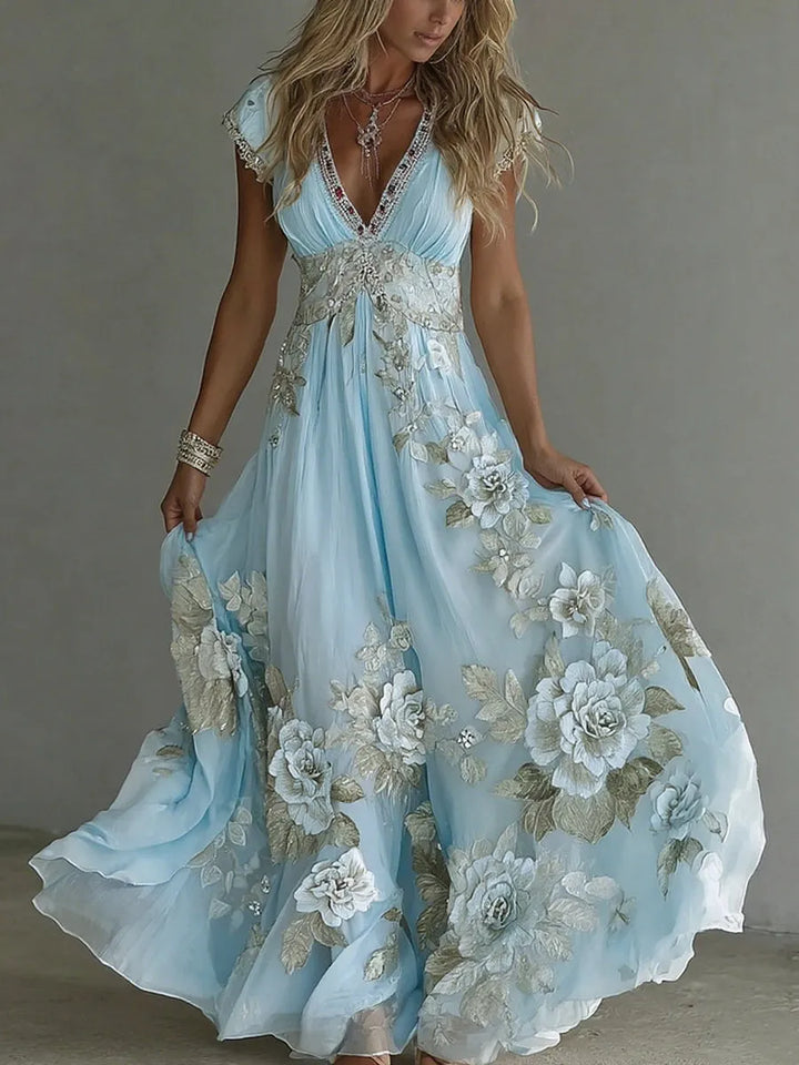 Women's Floral Boho Maxi Wedding Guest Dress with V-Neck