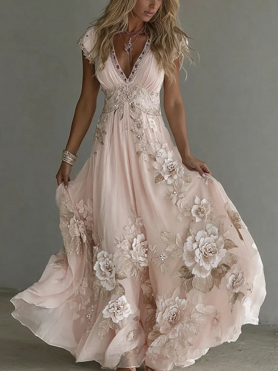 Women's Floral Boho Maxi Wedding Guest Dress with V-Neck