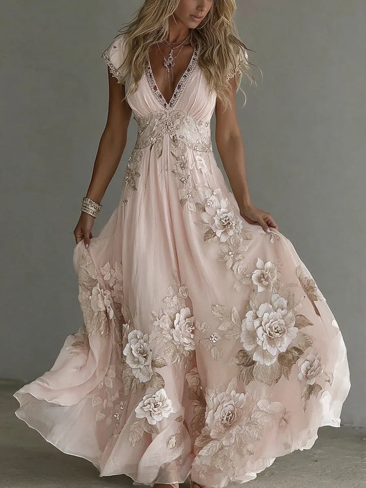 Women's Floral Boho Maxi Wedding Guest Dress with V-Neck