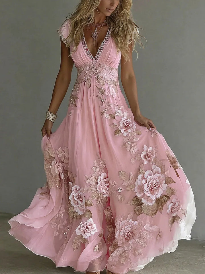 Women's Floral Boho Maxi Wedding Guest Dress with V-Neck